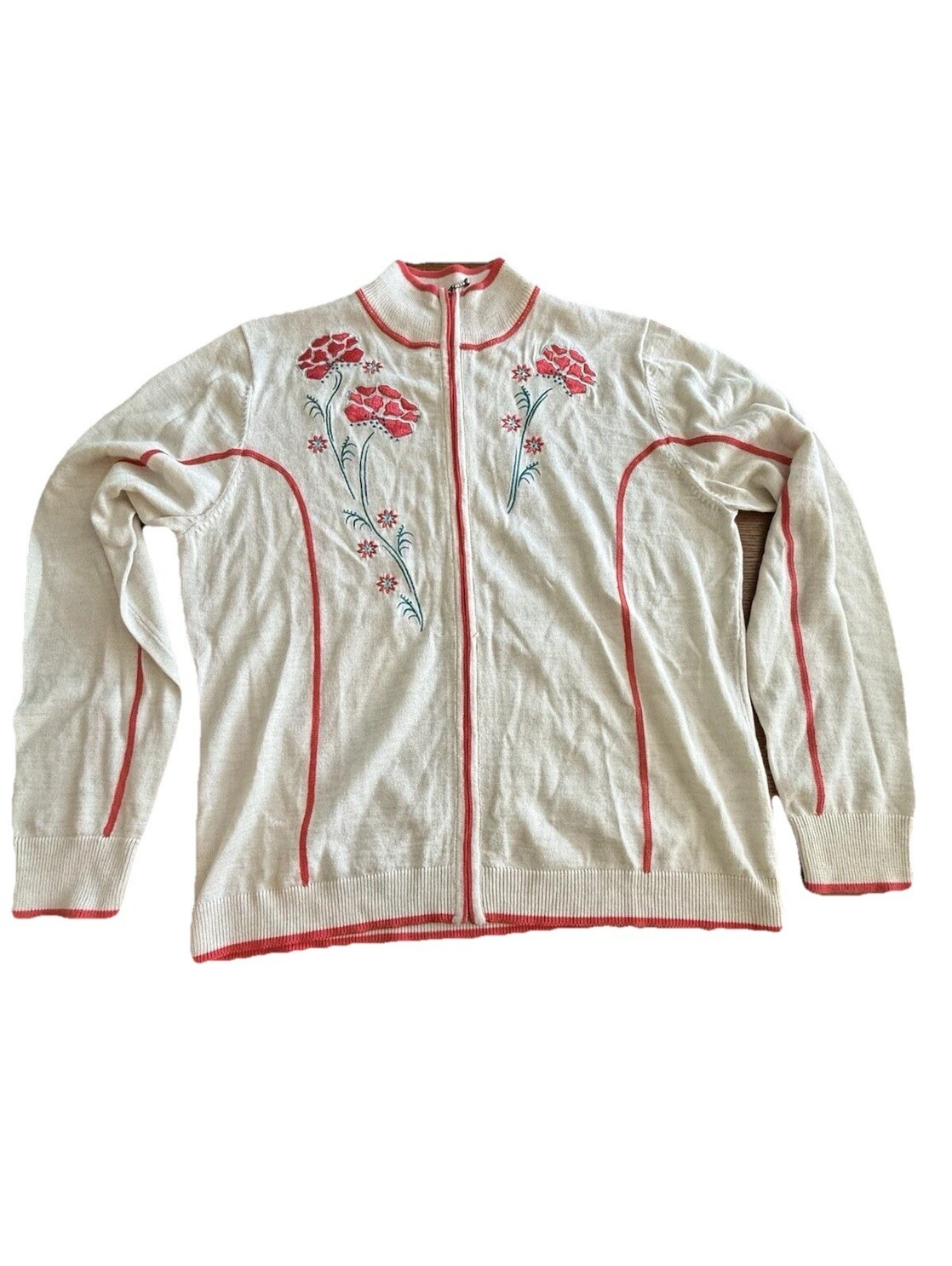 Vtg Y2k Cabelas Cardigan Sweater Women L Merino Wool Floral Embroidered Full Zip